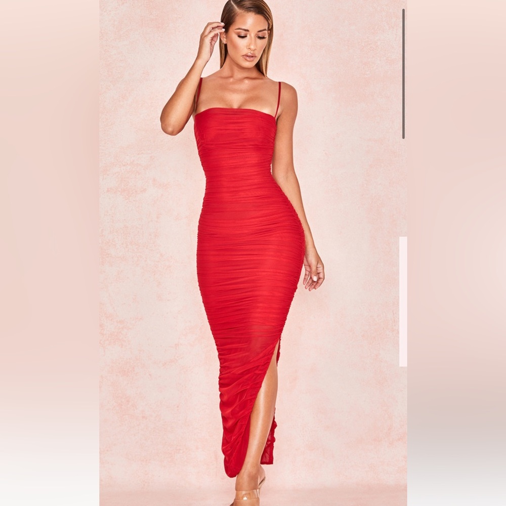 HOUSE OF CB FORNARINA RED ORGANZA MESH MAXI DRESS
